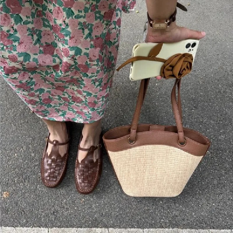 

Women Straw Woven Tote Bag Fashion Woven Handbag Large Capacity Handmade Straw Bag Patchwork Vintage for Shopping Commuting