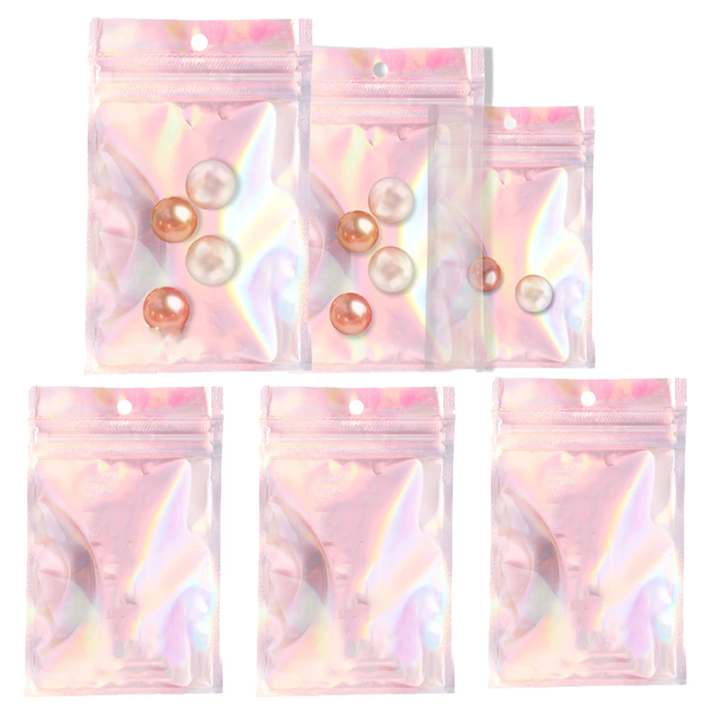 50pcs Cute Clear Holographic Plastic Zip Bags Mylar Foil Pouch for Food Storage Bead Jewelry Small Business Packaging Supplies