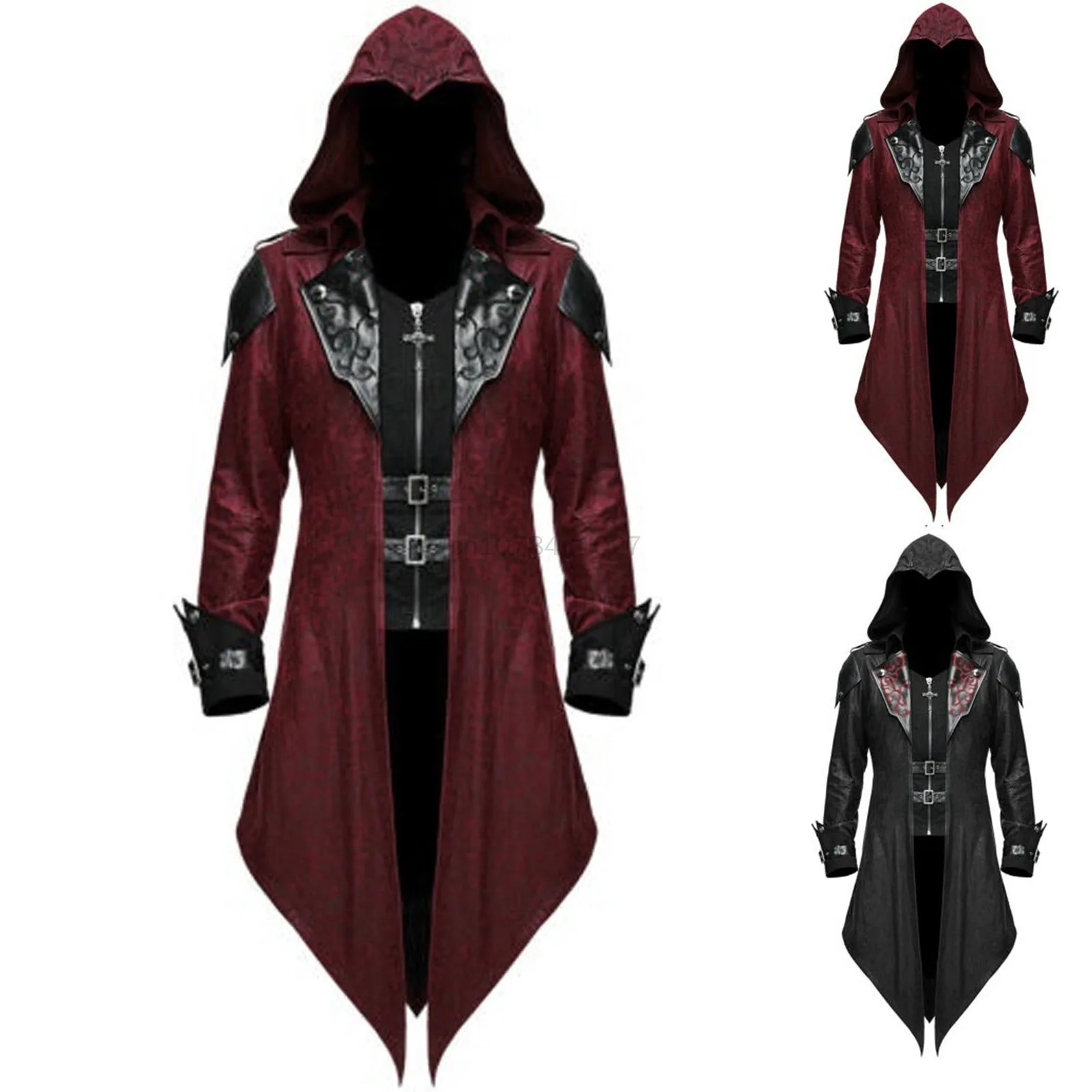 

Men Assassin Cosplay Embroidery Jacket Leather Shoulder Costume Punk Medieval Costume Victorian Retro Knight Hooded Tailcoat