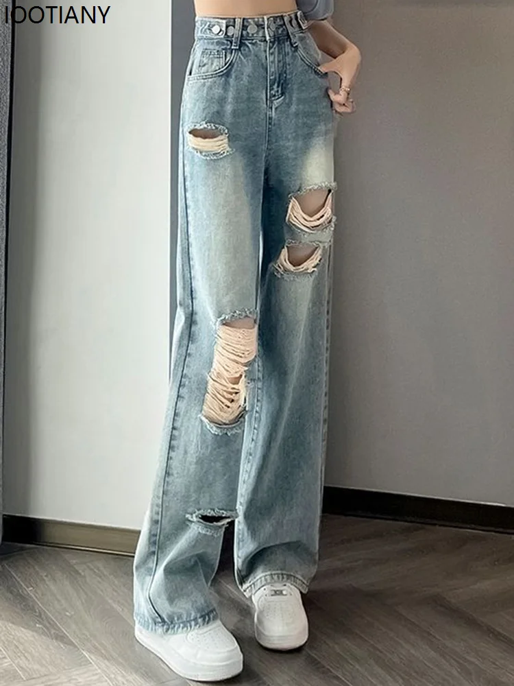 Women's American Retro Ripped Jeans Women's High Waist Washed Adjustable Denim Pants Women's Blue Loose Wide Leg Jeans