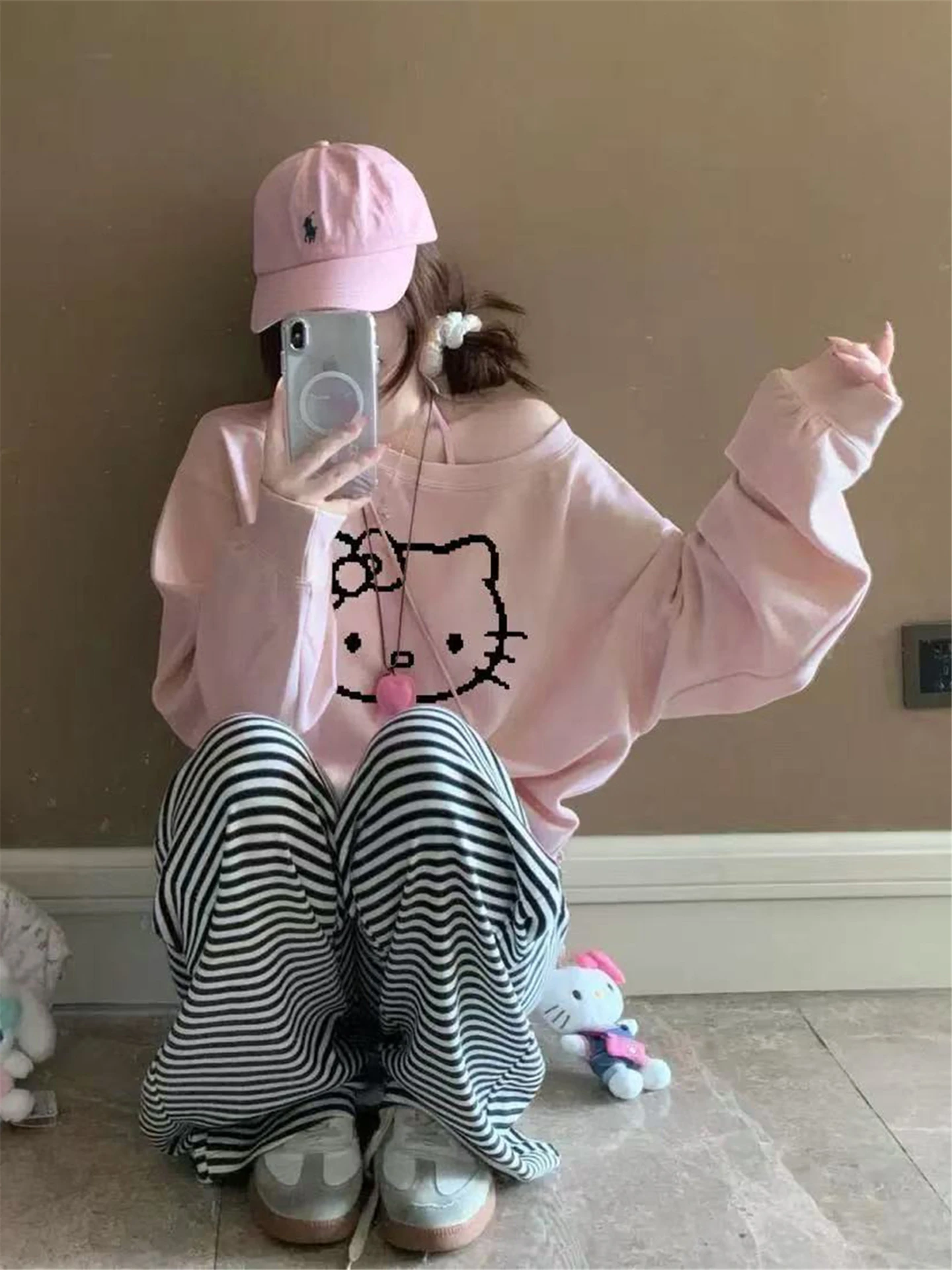 سترة بقلنسوة كاجوال مطبوعة برسوم كارتونية من American Sle HelloKit للسيدات للخريف والشتاء، النسخة الكورية اللطيفة #4