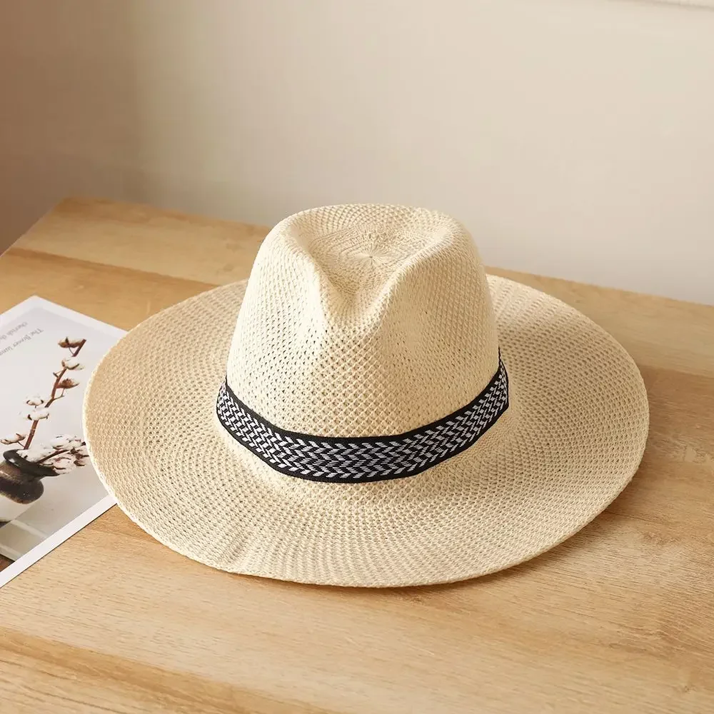 New Wide Brim Straw Hat Leisure Summer Cap Jazz Panama Fedora Fashion Travel Leisure Sun Hat for Women Men Simple Style 2022 New