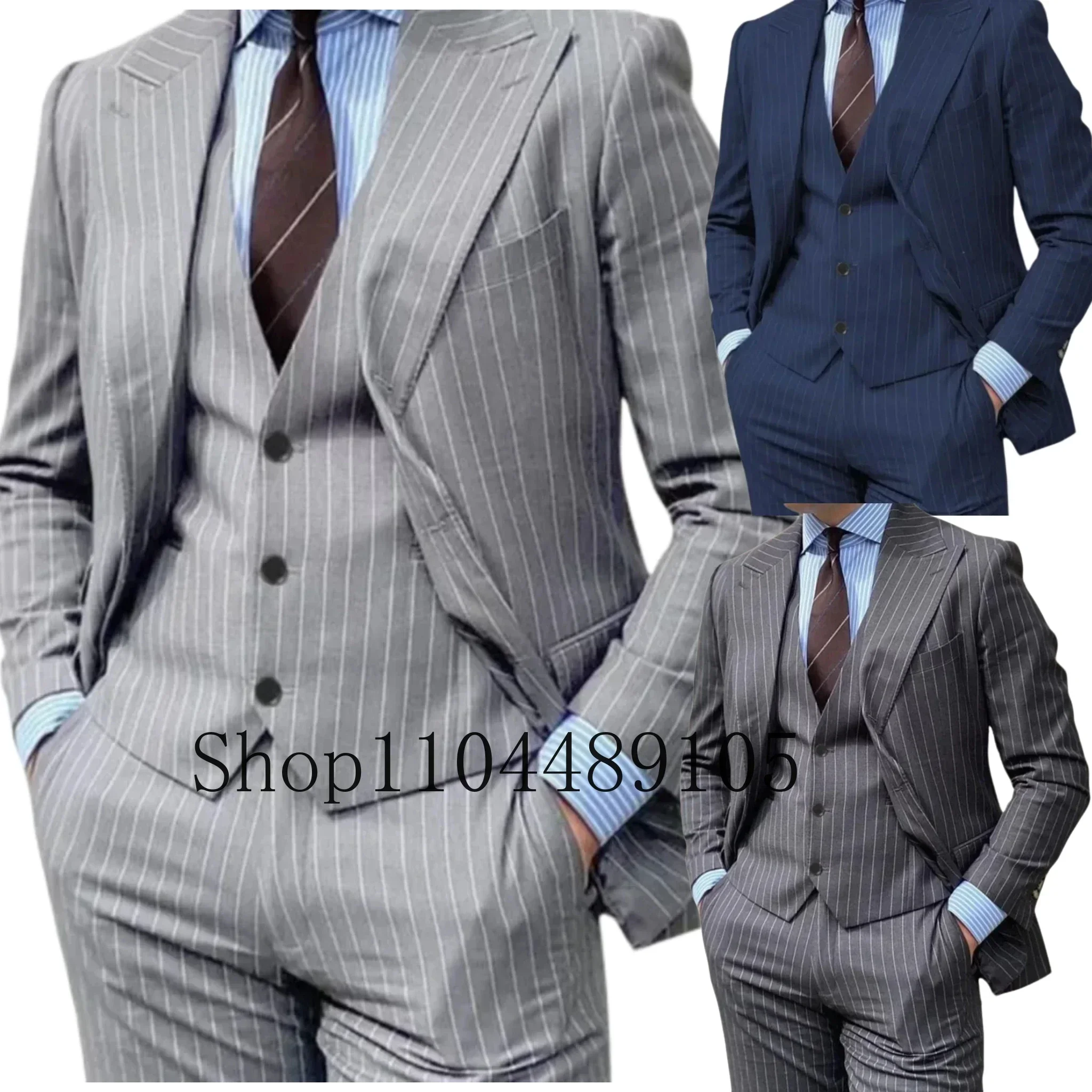 Three-piece Striped Suit High-quality Wedding Art One Breasted Jackets Trousers Vests Suit for Men  Suits Men‘s Suits 3 Piece