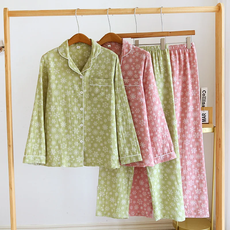 

Autumn Printed Cotton Crepe Women's Pajamas Set Long Sleeve Shirt Pants Four Season Home Suit