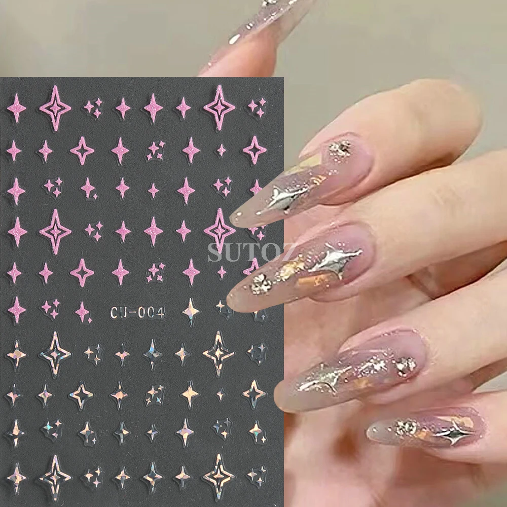 Pink Glitter Nail Stickers, 3D decalques de unhas, Laser Design, Manicure Decor, Dia dos Namorados, Coração, Estrelas, Flores, Y2K, NLCU-012, 2024