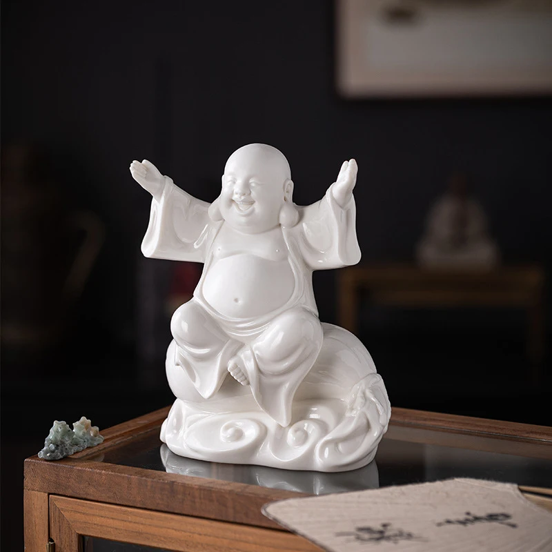 Ceramic Cloth Bag With The In Celadon, A Fortune-Bringing Large-Bellied Laughing Buddha For Office Desktop, Disp