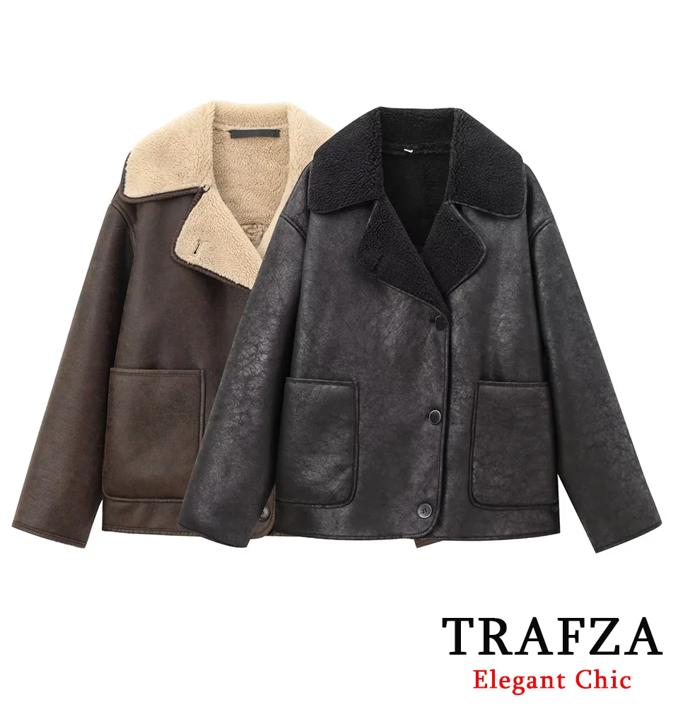 TRAFZA Vintage Women\'s Fall Winter Fleece Lapel Pockets Buttons Jacket Coat New 2024 Fashion Casual Retro Loose Coat