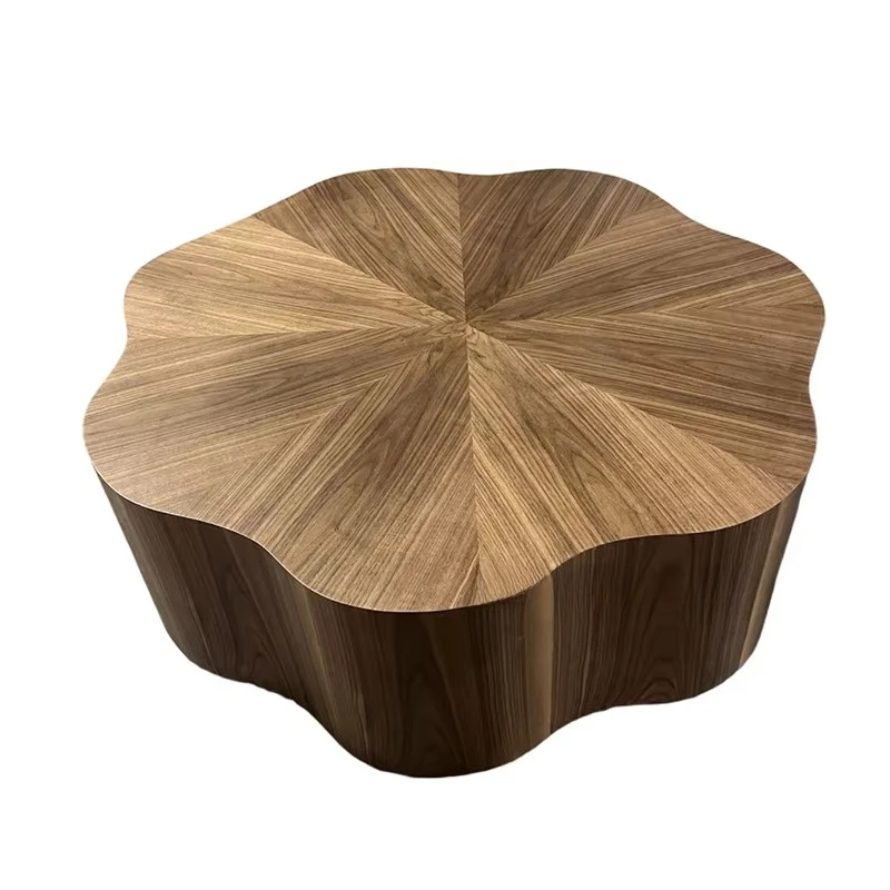 Indoor Furniture Nordic Round Dum Wooden Veneer Lotus Shape Center Table Walnut Storage Coffee Table for Living Home