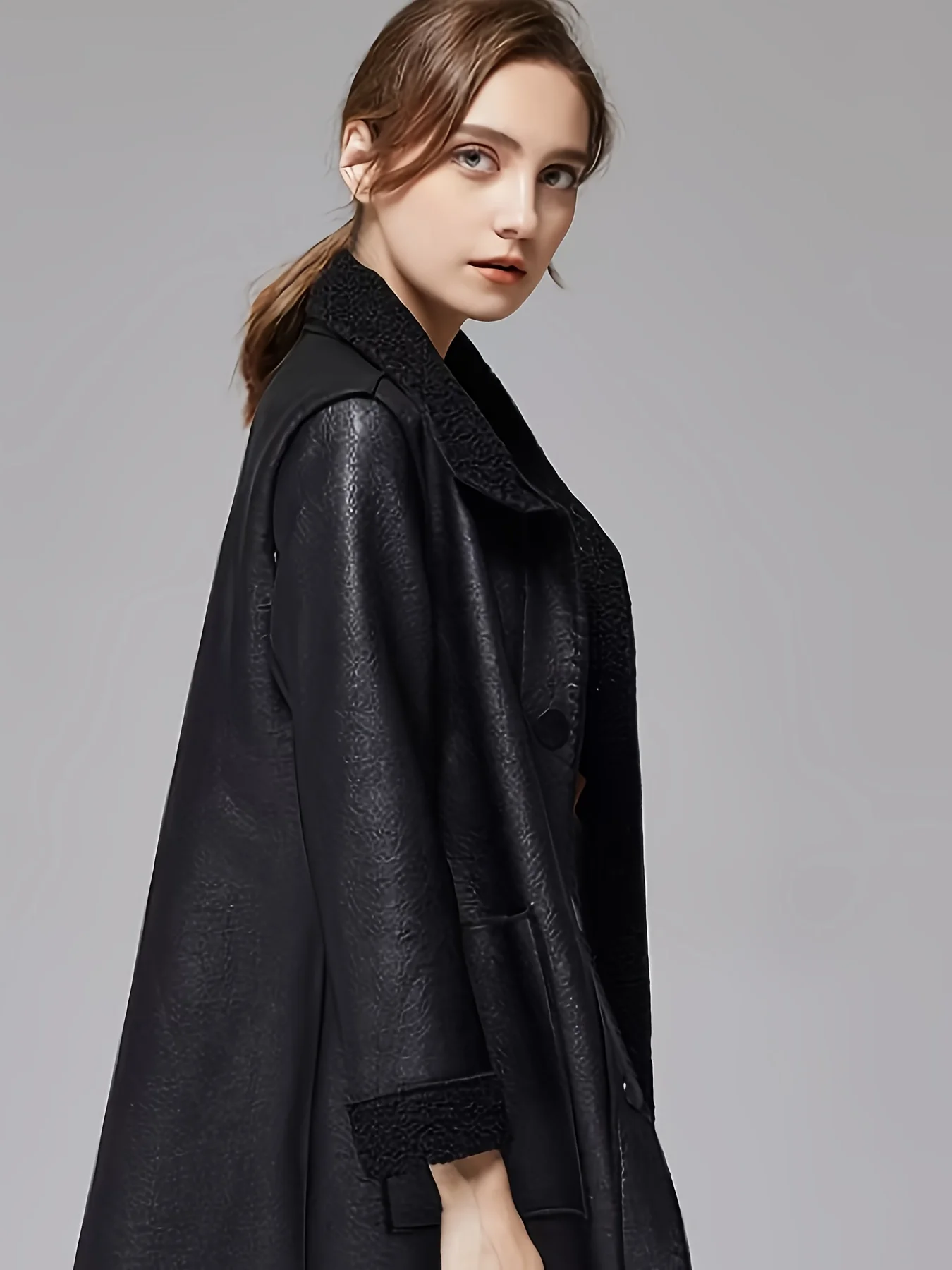 Women's Shearling Coat, Mid-Length Pu Leather Jacket, Lambswool Lining, Reversible, Caramel and Black Color, Thickened for Autumn and Winter, Vintage Coat, Large Pockets, Women's Clothing