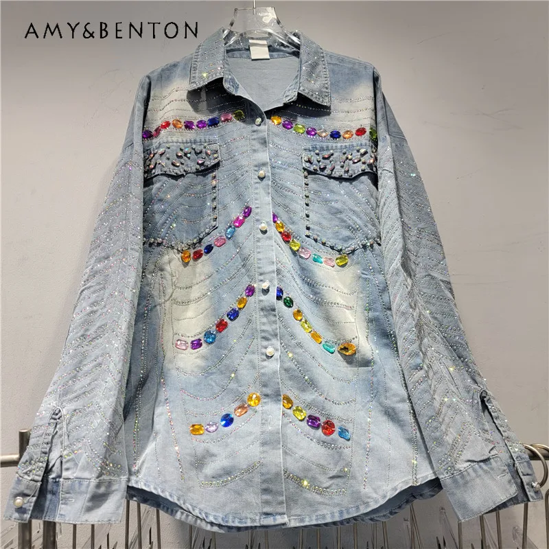 2025 ربيع الخريف جديد الصناعة الثقيلة الملونة حجر الراين الدنيم قميص طويل الأكمام مجموعات الشارع الاتجاه جان السراويل قطعتين مجموعة