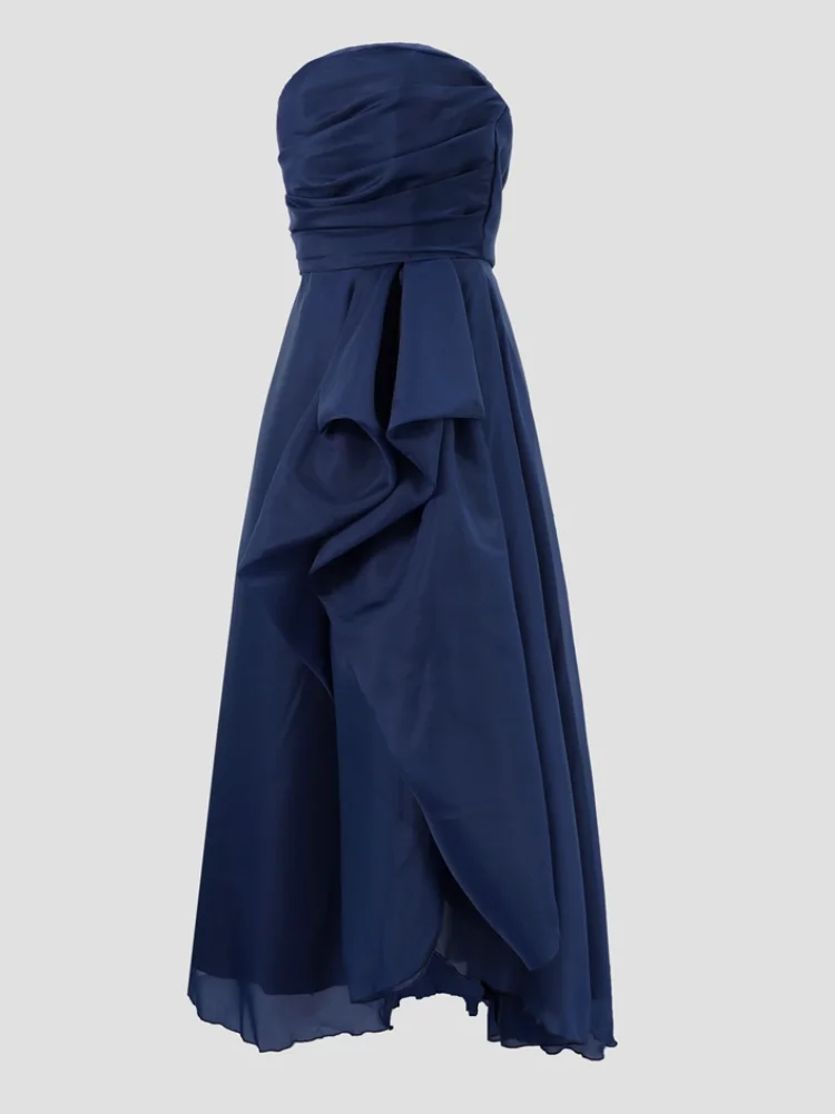 

Women Elegant Strapless A-line Dress Dark Blue Backless Ruffle Slim Fit Patchwork High Waist Robe 2025 Summer Lady Evening Gown