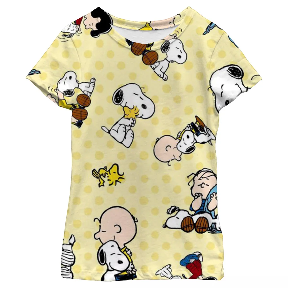 Snoopy nadruk kreskówkowy modna koszulka graficzna dla dziewczynek idealna letnia aktywna zabawa na świeżym powietrzu koszulka z krótkim rękawem odzież dziecięca