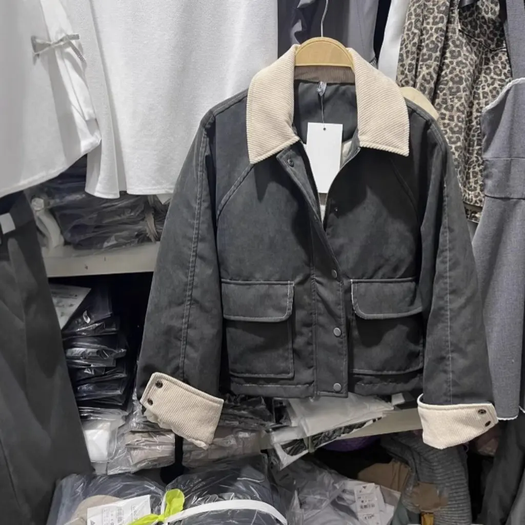 

Women's Waxed Leather Cotton-Padded Jacket Contrast Lapel Stitching Autumn Winter American Style Casual Loose Fit
