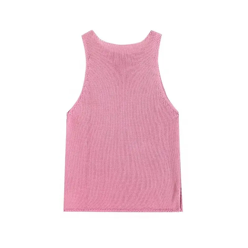 TRAF Nordic Minimalist Pink Knit Vest T-shirt Women Fashion Ladies Commuter Knitwear Elegant Pullover Summer Top