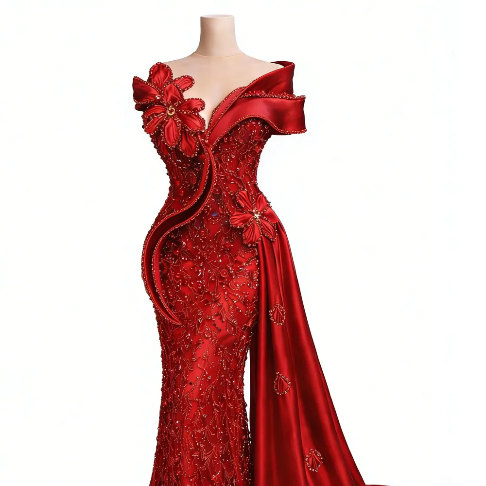 Robes De Soiree Red Beaded Crystals Wedding Party Dresses Slit Train Customized Off Shoulder Evening Dress 3D Floral Prom Gowns