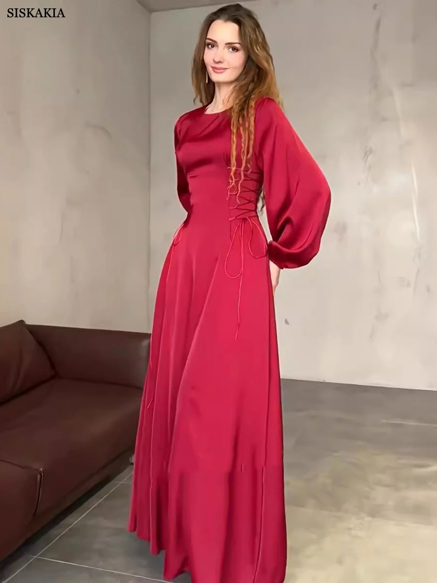 Siskakia Fashion Dubai Solid Plain Women Puff Sleeve  Long Dress Draw String At Waist O Neck Abayas Turkish Saudi Party Clothing