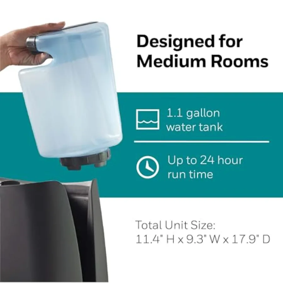 مرطب رطوبة بارد لغرف النوم والغرف المتوسطة حتى 500 قدم مربع وسعة 1.1 جالون مخرج رطوبة غير مرئي مع تقنية الأشعة فوق البنفسجية
