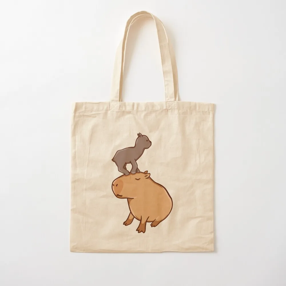 

Capybara with a baby goat Tote Bag hand bag university shopper bag Women's beach bags women