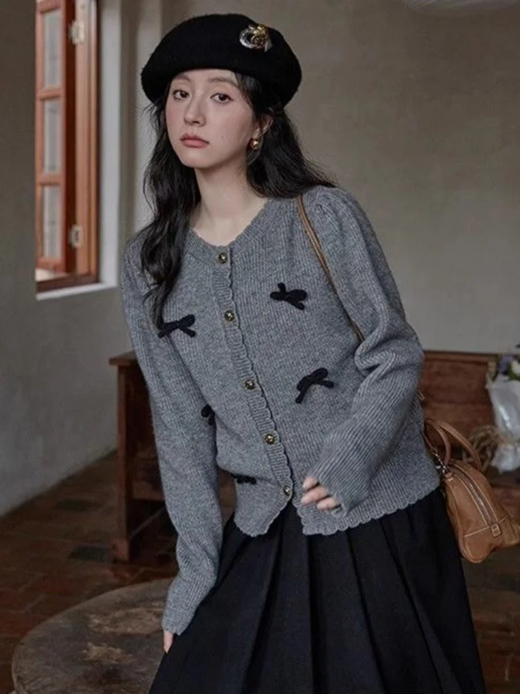 Jmprs Vintage Bow Grey Cardigan Sweaters Women Casual Sweet Preppy Style Knitted Coats Long Sleeve Design Japan Retro Lady Tops