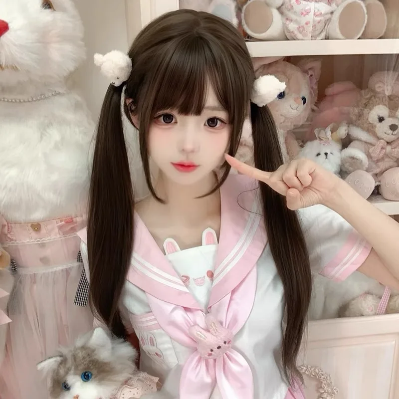 Synthetic Long Brown Wig for Women 75cm Air Bangs Straight Lolita Mi-Ku Twin Tails Full Head Cosplay Costume Party Hair