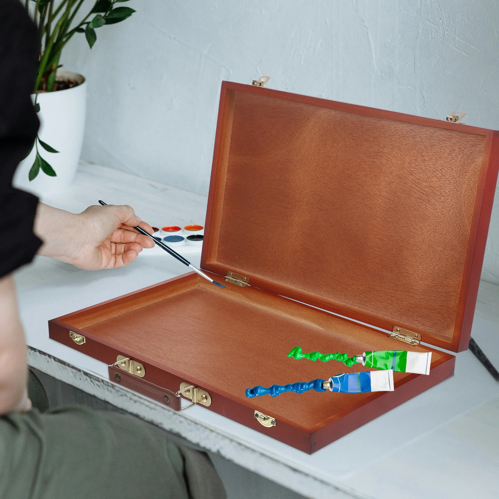 

Wooden Painting Box for Artists Students Compact Storage Case Portable Pigment Tool Organizer Hand-held Pen Box Drawing Tool