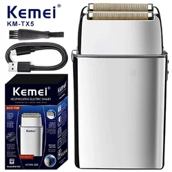 Kemei KM-TX5 Premium Chargeable Battery Type Silver Shaver Double Net Aluminum Alloy Reciprocating Electric Shaver