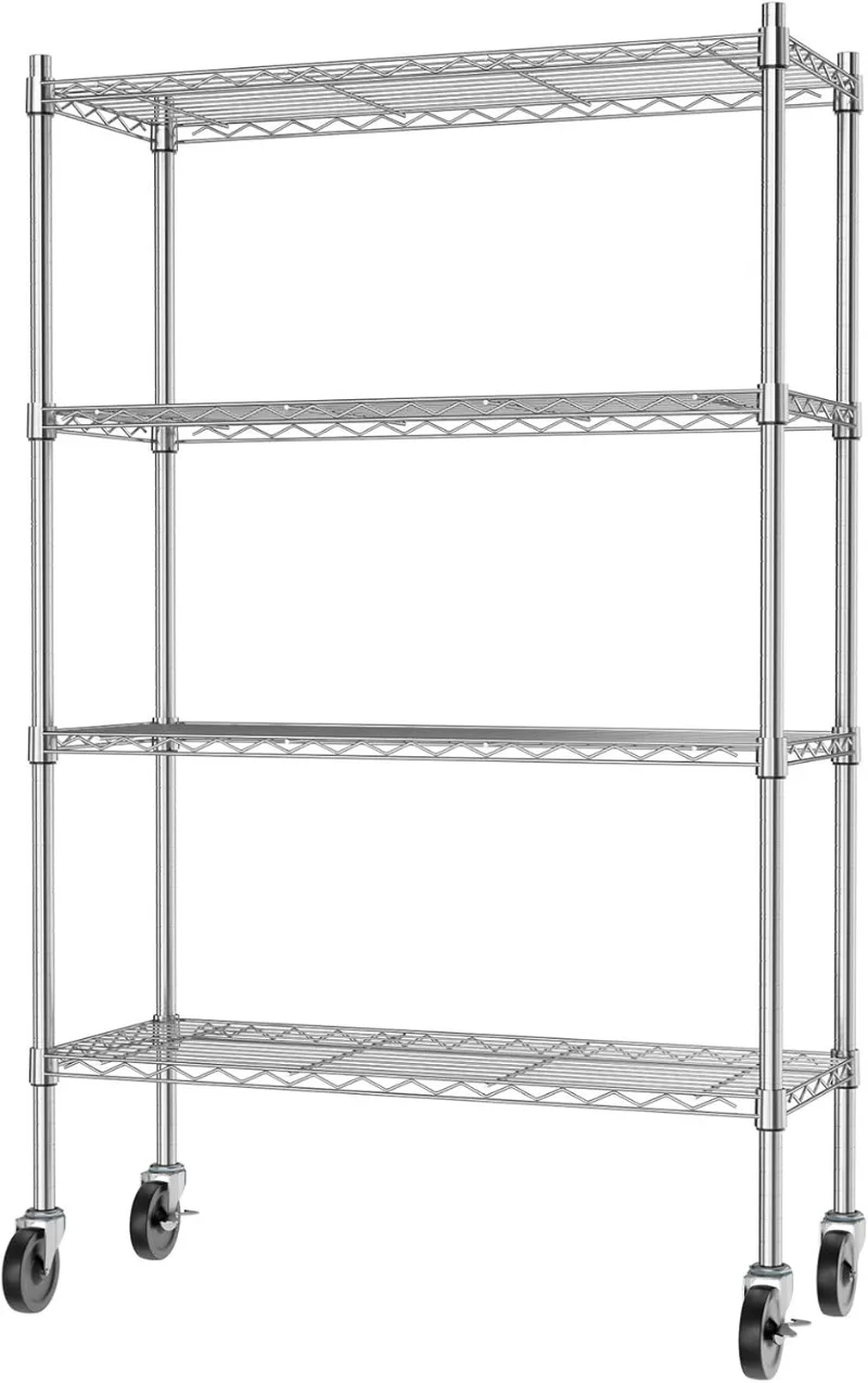 4-Shelf Storage Shelves with Casters Heavy Duty 4 Tiers Rolling Cart Utility Racks Adjustable Wire Metal Shelving, Chrome