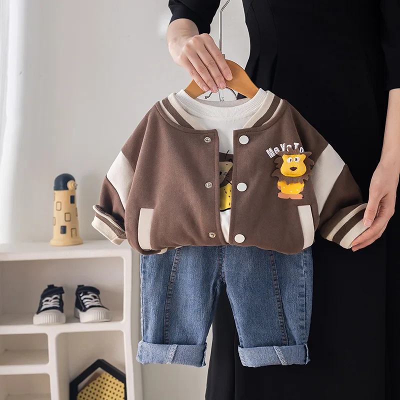 2024 Boy clothes Spring and Autumn new baby suit Boy lion pattern baseball coat + Long sleeve T-shirt + jeans 3 children clothes