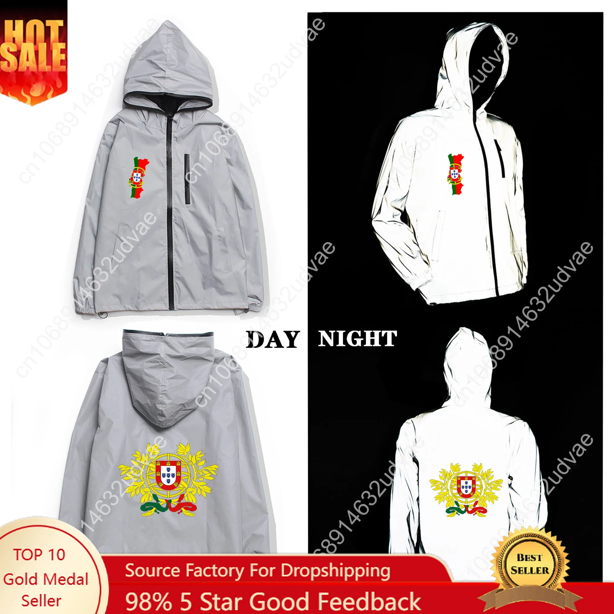 

Portugal Flag Custom Reflective Jacket Mens Womens Coat Hooded Windbreaker Run Jackets Cycling Hiking Zipper Customize Hoodie