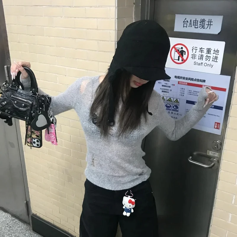 Camiseta de punto japonesa Y2k para mujer, Pollovers rotos con agujeros, camisetas Grunge de estilo coreano Fairycore, ropa de calle, camiseta superior para niñas electrónicas