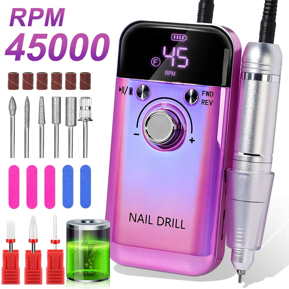 Professional 45000RPM Electric Portable Nail Drill Machine Rechargeable Low Noise Nail Sander File for Manicure Salon Tool Drill