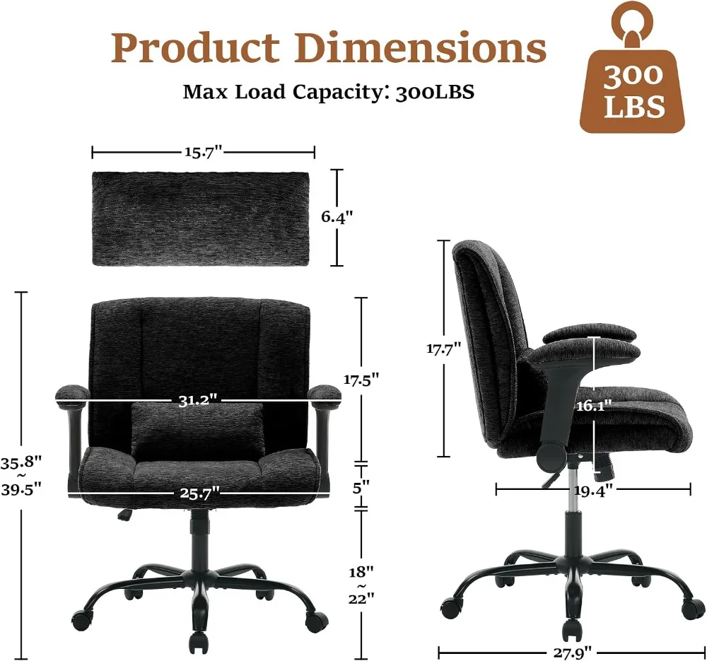 Cross Legged Office Chair with Flip Arms, Chenille Desk Chair, Lumbar Support, Swivel Wheels, Black