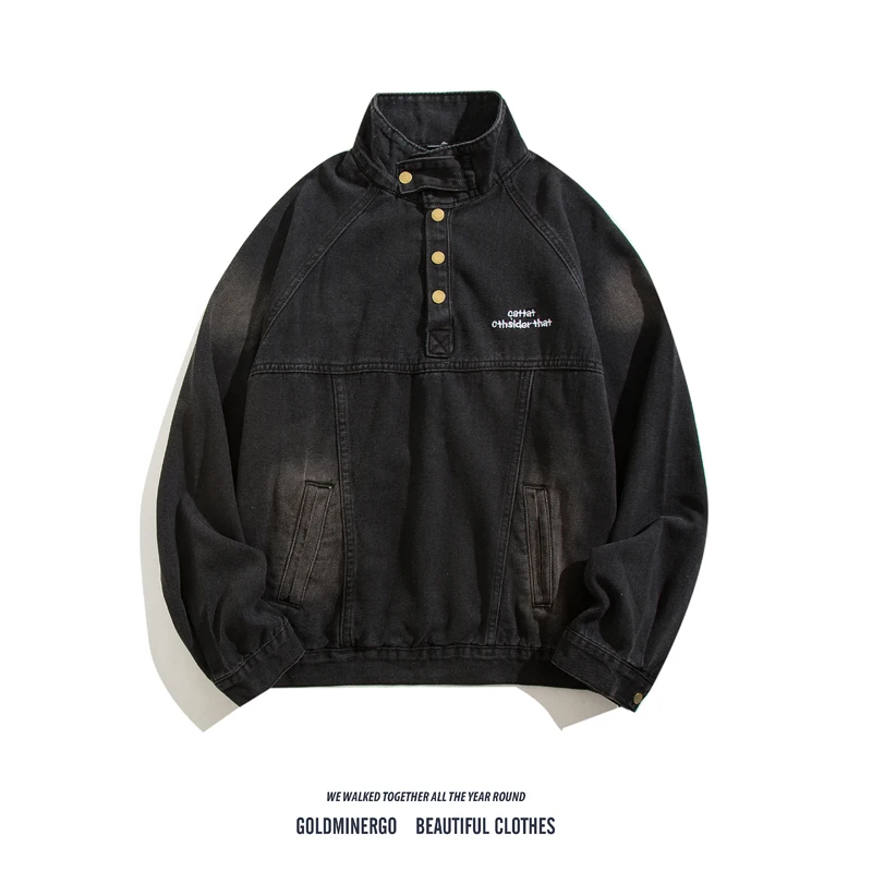 

Retro American Embroidered Denim Jaet Loose Fit Stand Collar Overhead for Men And Women High Street Chic Lazy Sle