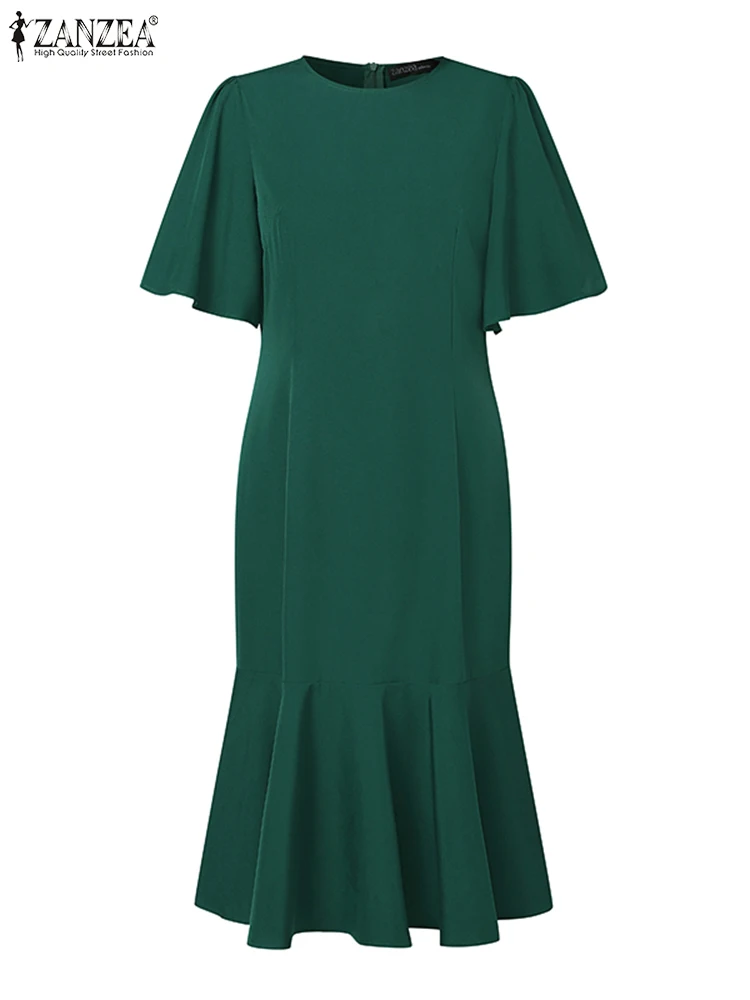 ZANZEA-Robe de Soirée Élégante à Manches Courtes pour Femme, Tenue d'Été Slim, Col Rond, Vintage, Solide, Éducative