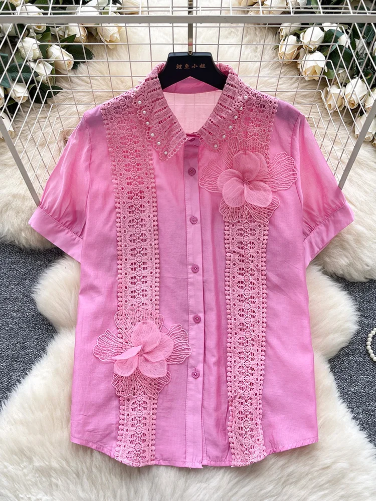 

Women's Summer Shirt Short Sleeved Hollow Hook Flower Three-dimensional Flower Design Temperament Turn-down Collar Shirt BL194