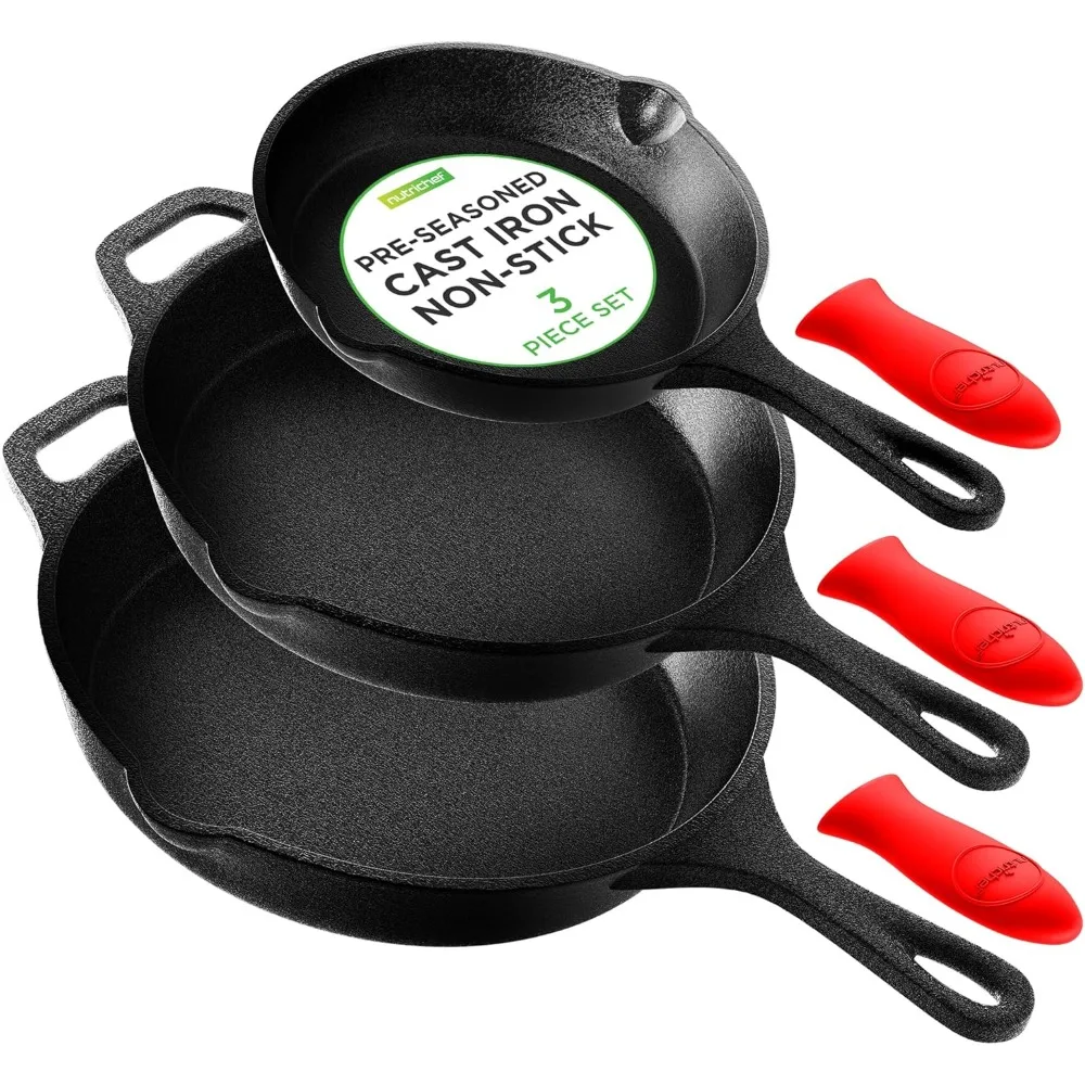 3-Piece Cast Iron Nonstick Skillet Set with Silicone Handles and Drip Spout, Suitable for All Cooktops