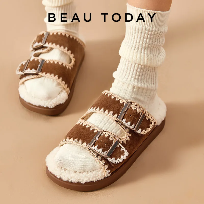 BEAUTODAY Fur Leather Slippers Women Kid Suede Double Buckle Decor Sewing Female Casual  Winter Flat Wool Shoes Handmade 37063