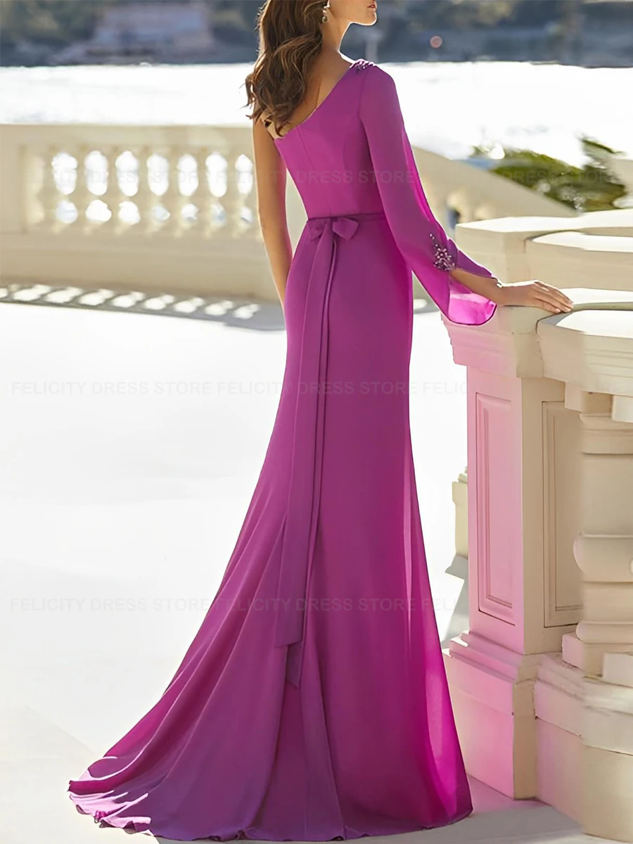 Elegant Mother of the Bride Dress 2023 A-Line One-Shoulder Formal Wedding Guest Dresses Sweep Train Chiffon Evening Party Gowns