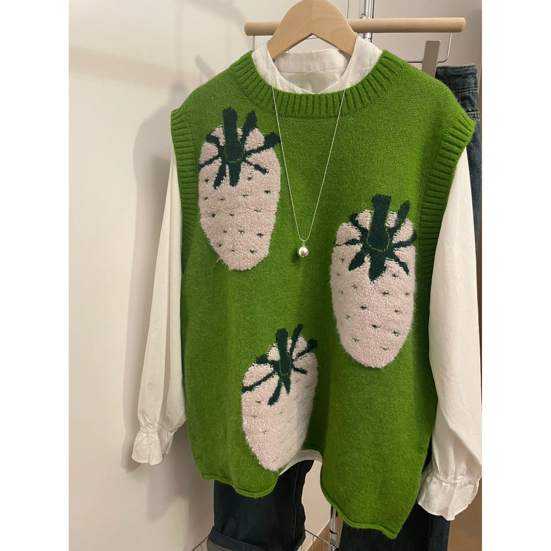 

een Pine Pattern Knitted Vest Top Layering Outerwear Faionable Age-Defng Design Autumn Winter New Arrival Women'swear