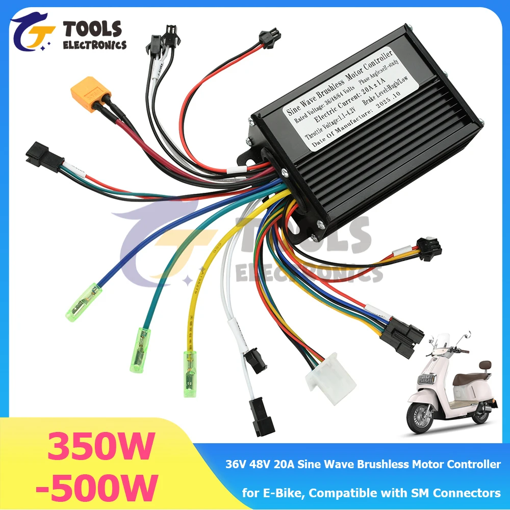 

36V 48V 20A Sine Wave Brushless Motor Controller - 350W-500W for E-Bike, Compatible with SM Connectors