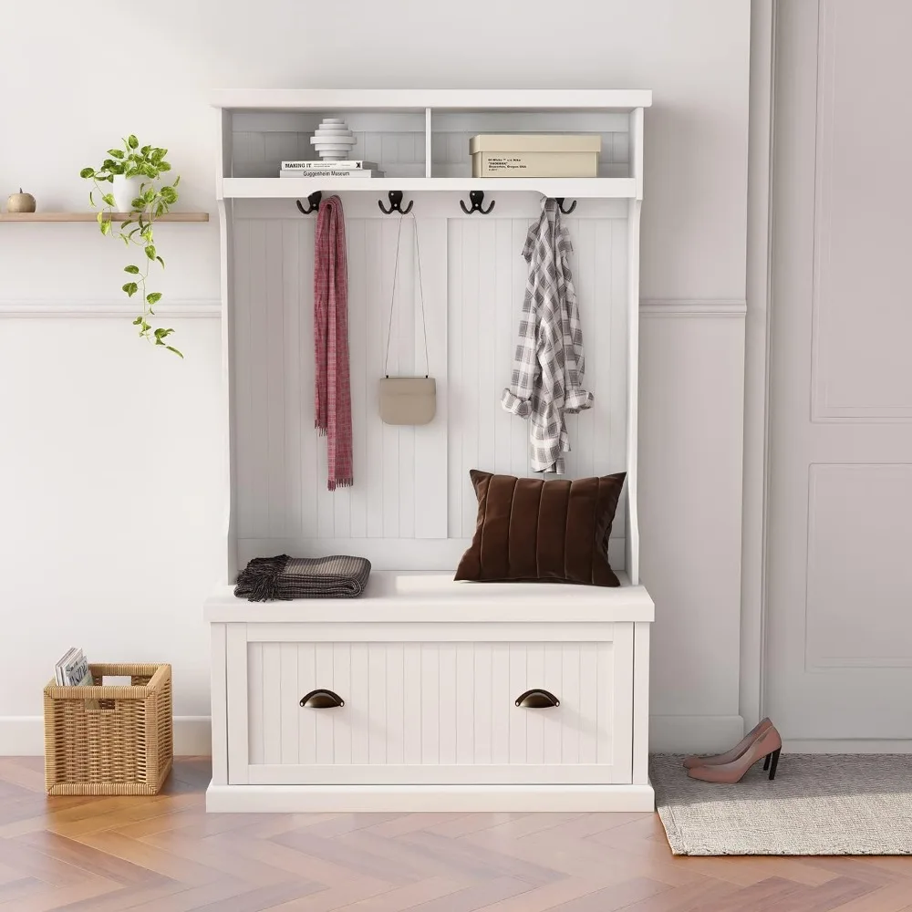 Hall Tree with 2 Drawers,5 Hookers and Open Shelves,Modern Entryway Cabinet w/Bench Shoe Storage,5-in-1 Coat Rack for Hallway