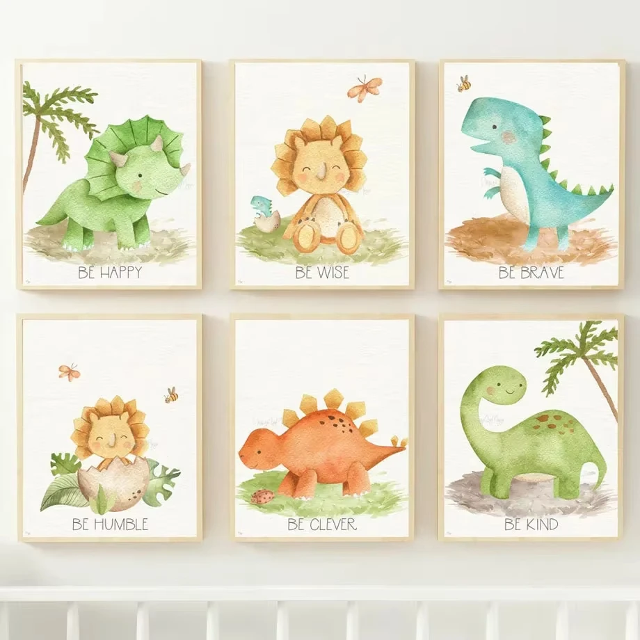 Triceratops Baby Pterosaur Dinosaur Mural Oil Painting Cartoon Nordic Poster Printing Children's Room Decoration Wall Painting