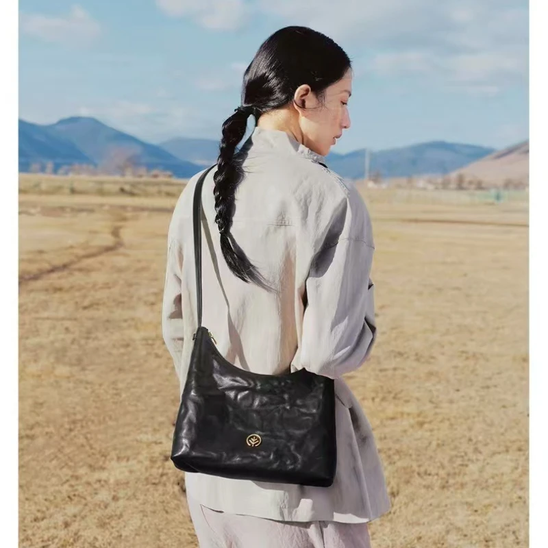 BAGTREE Commuter Bag Top-grain vegetable-tanned cowhide hobo bag Casual single-shoulder bag