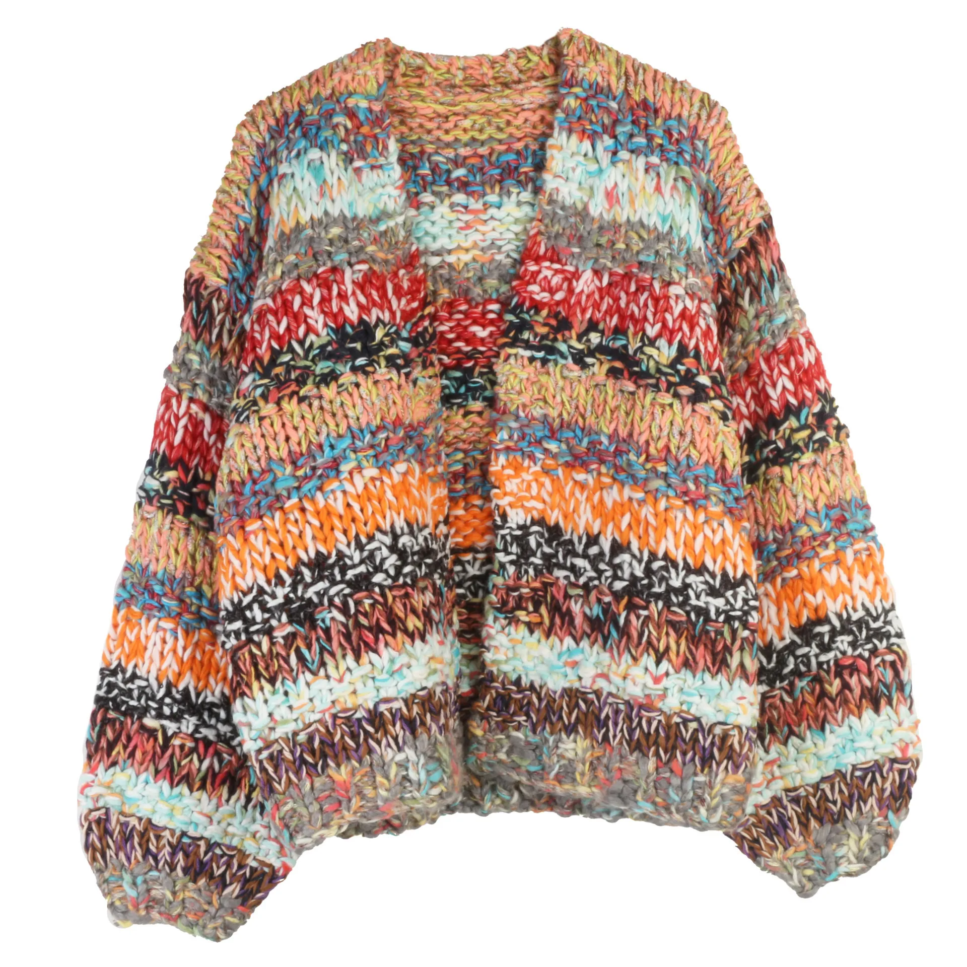 

Bohemian Retro Colorful Striped Sweater Tops Loose Autumn And Winter New V-neck Long-sleeve Sweater Knitted Cardigan Jacket