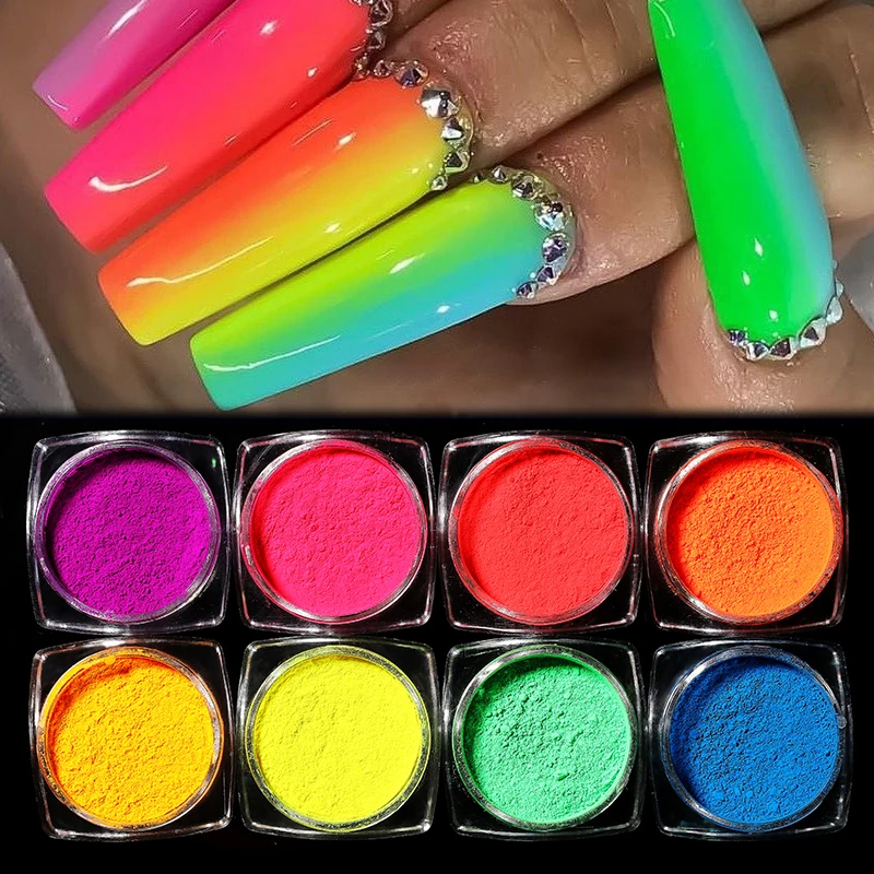 Neon Pigment Powder Fluorescent Nail Glitter Shinny Chrome Dipping Dust DIY Gel Polish Manicure Paillettes Nail Art Decorations