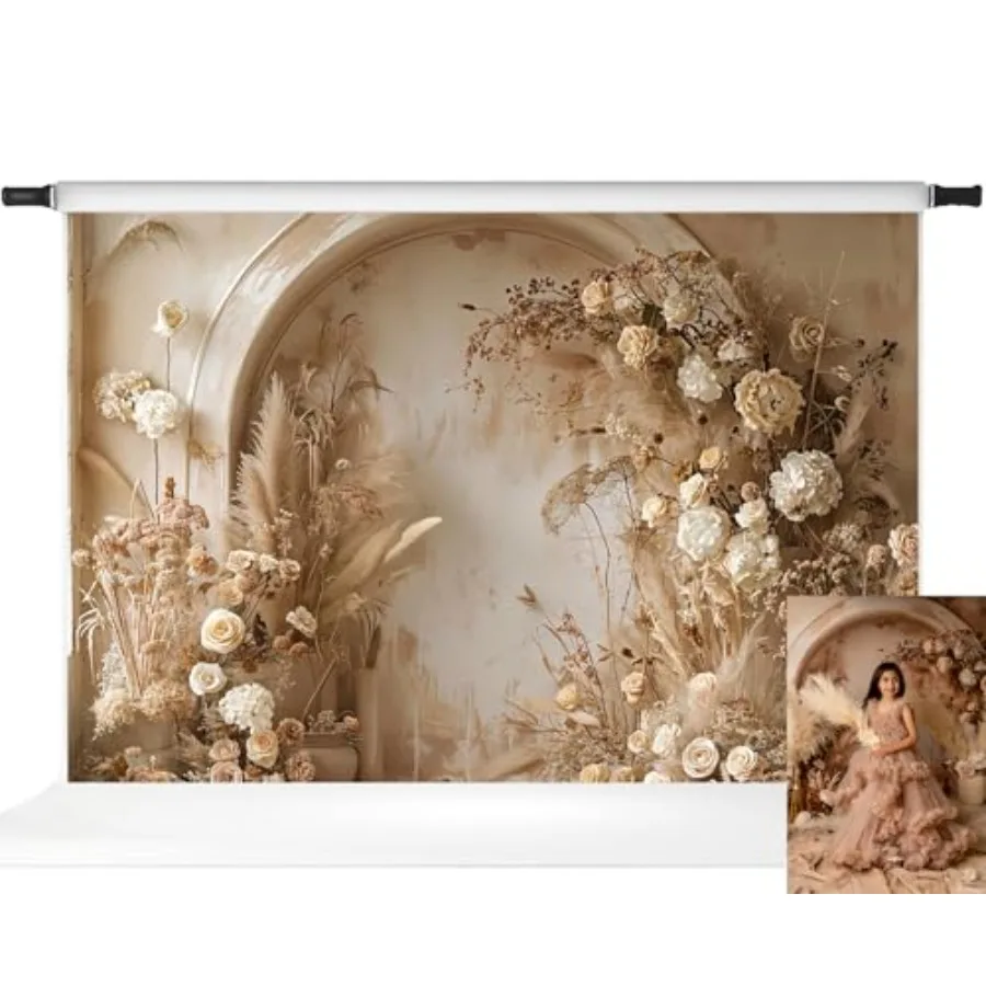 

Boho Backdrops Summer Floral Arched Wall Backdrop for Photography Beige Reed Background 10x6.5ft
