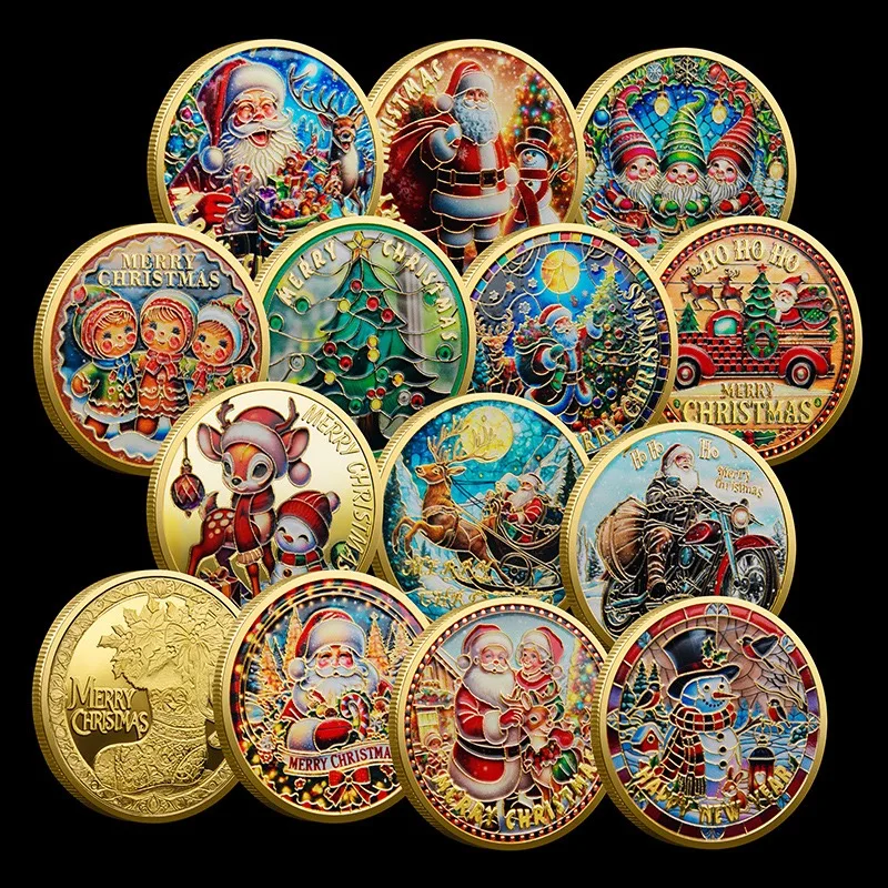 

Рождественский золотой набор монет из золотой фольги и несколько дизайнов Санта-Клаус Олень Рождественская елка для рождественской праздничной коллекции Подарок