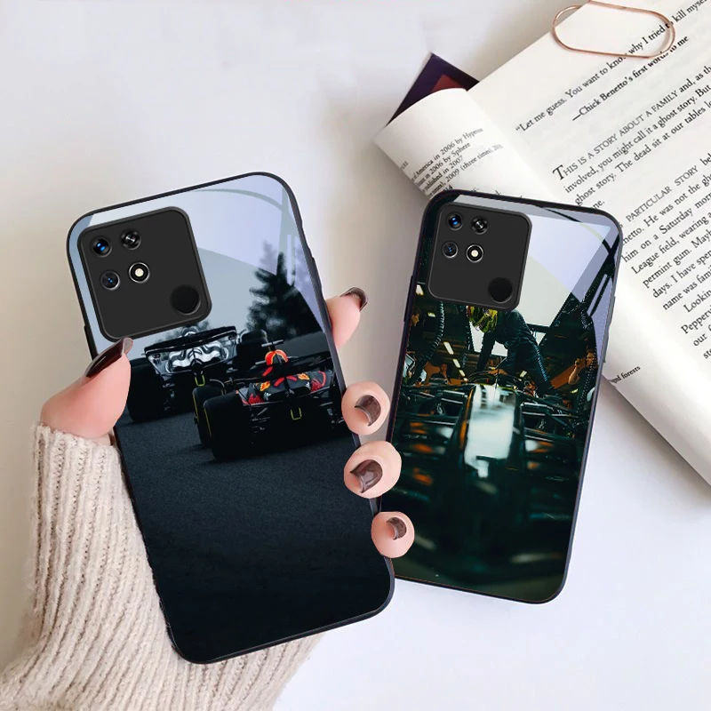 Black racing car For Xiaomi Mi 9 SE 12 12T 13 13T 14 14T Pro 11 A3 A2 6X Pocophone F1 10T Lite 5G Mix 2S Black glass phone case view 3