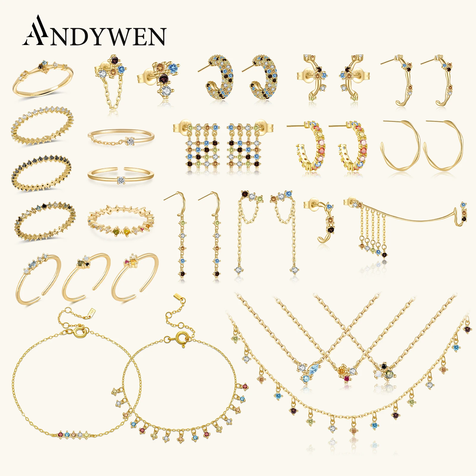 ANDYWEN 100% 925 Sterling Silver Rainbow Zircon CZ Big Hoops Earring Round Piercing Pendiente Climber European Jewelry