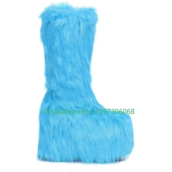 Lady blue fur punk high top knee boots platform design feather warm boots punk y2k style Mary Jane shoes boots footwear size 46